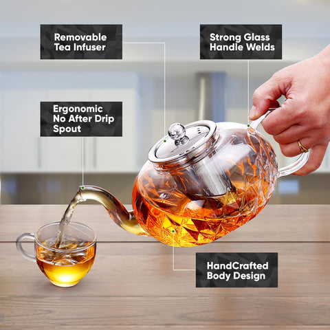 Image of Glowing Diamond Glass Tea pot with Fine Mesh Stainless Steel infuser and a Teapot Warmer