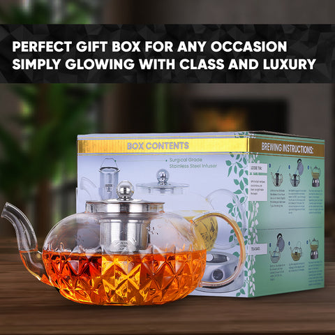 Image of Glowing Diamond Glass Tea pot with Fine Mesh Stainless Steel infuser and a Teapot Warmer
