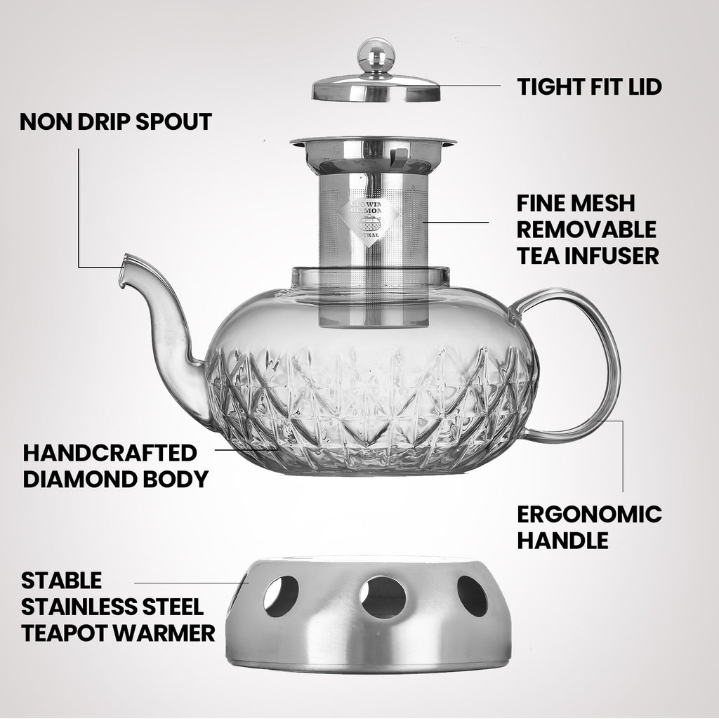 Clear Glass Tea Pot With Steel Infuser Leaf Teapot Stovetop Safe 22Oz 660ml