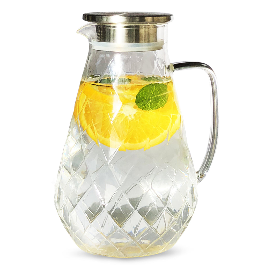 Pykal Diamond Glass Pitcher with Lid Hot and Cold Drink Dispenser, 72 Oz 