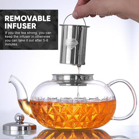 Glowing Diamond Glass Tea pot with Fine Mesh Stainless Steel infuser and a Teapot Warmer
