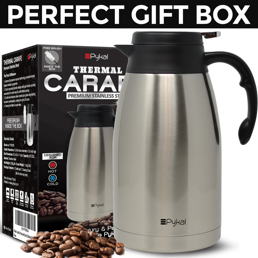  Thermal Coffee Carafe by PYKAL, Insulated Stainless Steel,  68Oz/2 liter, HEAVY-DUTY, LAB TESTED 24HR>140F, 2YR Warranty, FREE Long  Handle Brush, Vacuum Insulated, Coffee Pot, Satin Finish: Home & Kitchen
