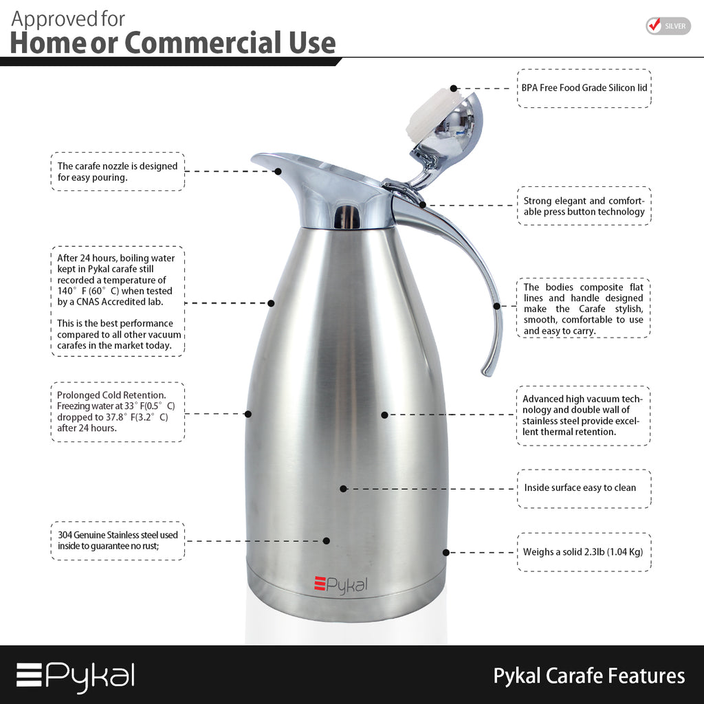Pykal 68-oz Thermal Coffee Carafe Insulated Drink Dispenser with Free Brush, Size: 68oz, Silver