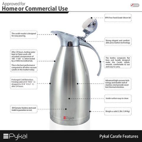 Pykal Thermal Coffee Carafe Stainless Steel - Heavy Duty, 24hr Lab Tested Heat Retention, 2 Liter 68oz Insulated Coffee Thermos, Wate
