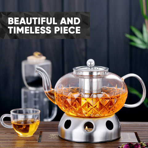 Glowing Diamond Glass Tea pot with Fine Mesh Stainless Steel infuser and a Teapot Warmer
