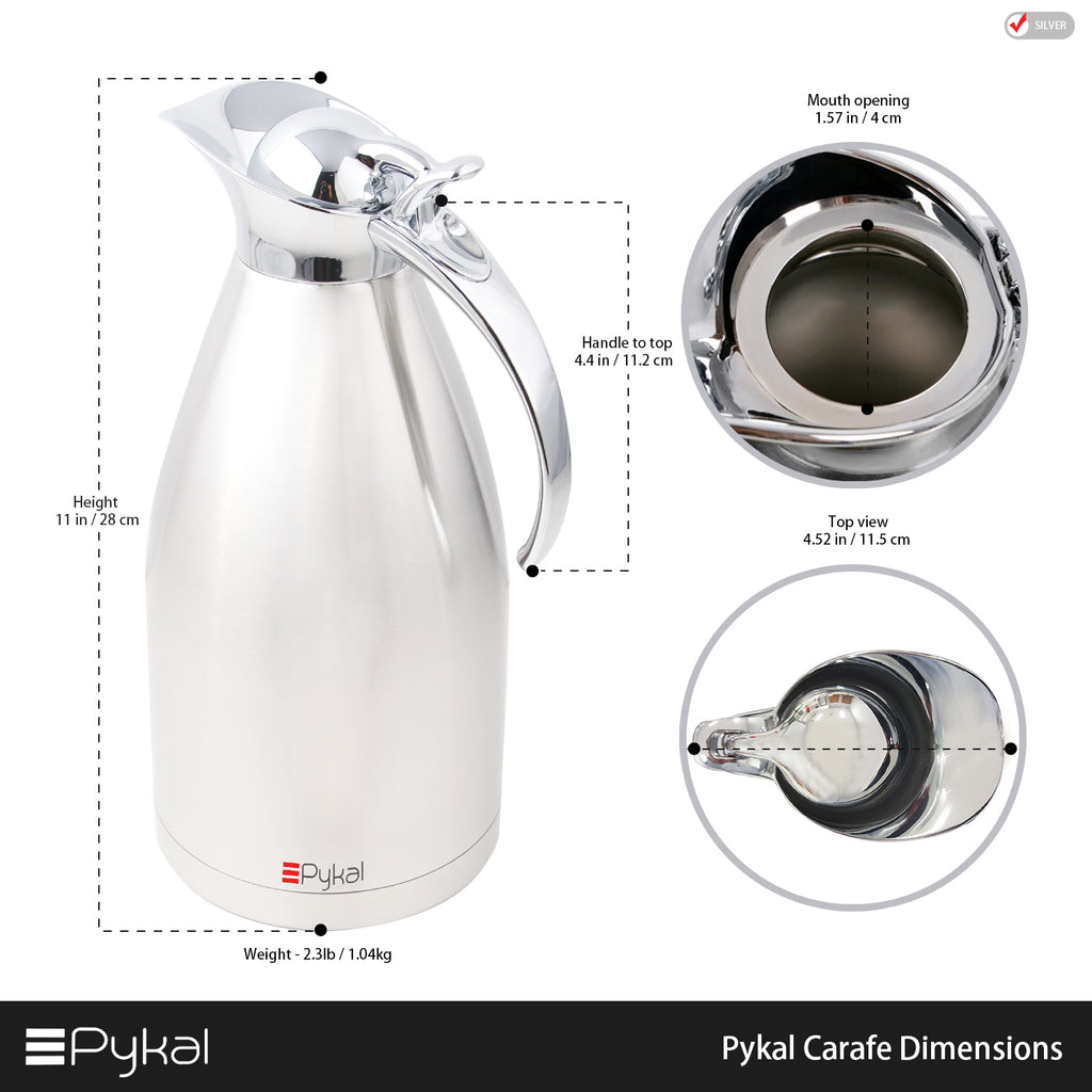 Thermal Coffee Carafe by PYKAL, Insulated Stainless Steel, 68Oz/2 liter,  HEAVY-DUTY, LAB TESTED 24HR>140F, 2YR Warranty, FREE Long Handle Brush
