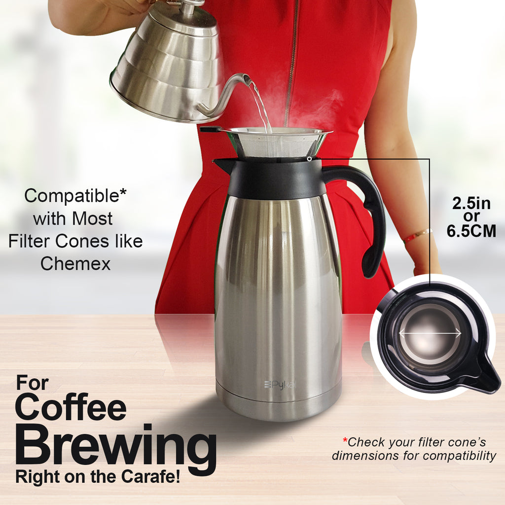 Pykal Thermal Coffee Carafe - with ThermaClick Lid, 68 oz Capacity, Lab Tested 8 Hour 150F Heat Retention, Surgical Rust Resistant Stainless Steel